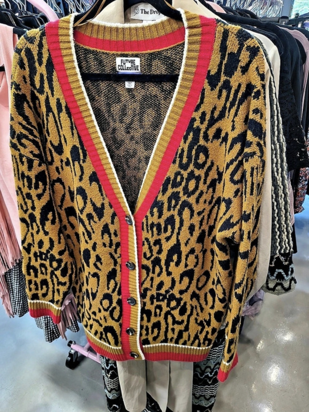Future Collective Leopard Print Cardigan in Brown & Red Sz XL